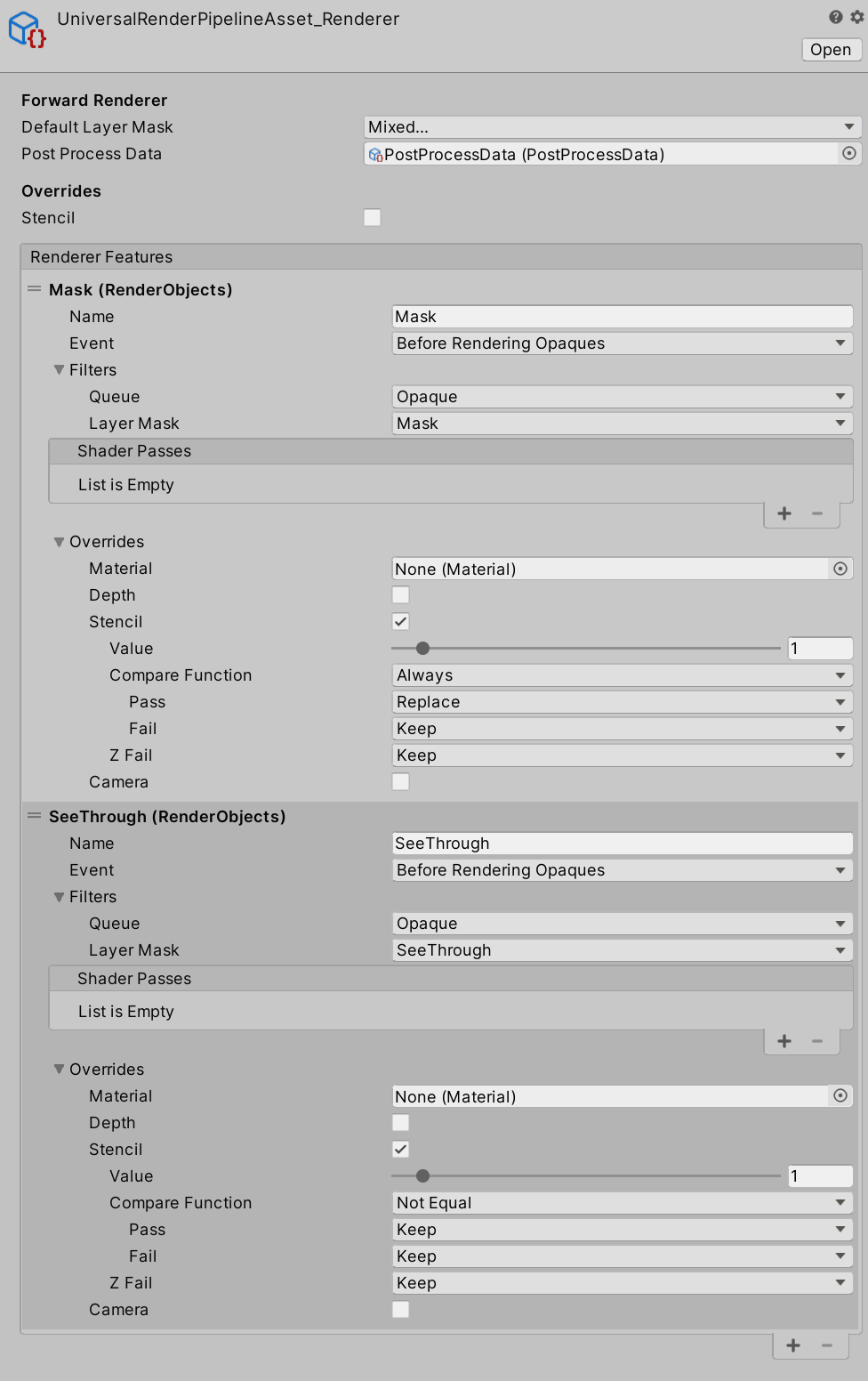settings for stencil buffers using Unity's URP Forward Renderer