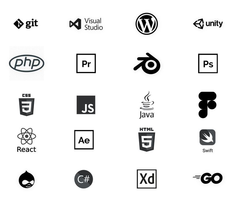 git, visual studio, wordpress, unity, php, photoshop, blender, premiere, css, after effects, html5, swift, drupal, c#, xd, golang